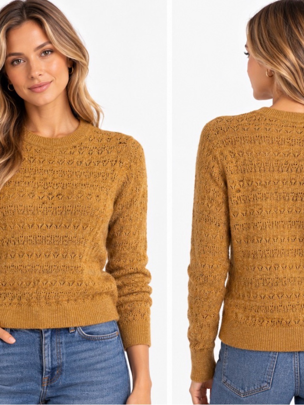 EDIT Jason Wu Mustard Gold Pointelle Knit Crewneck Sweater Size Small